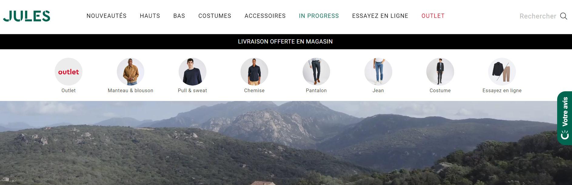 Menu site e-commerce en ligne