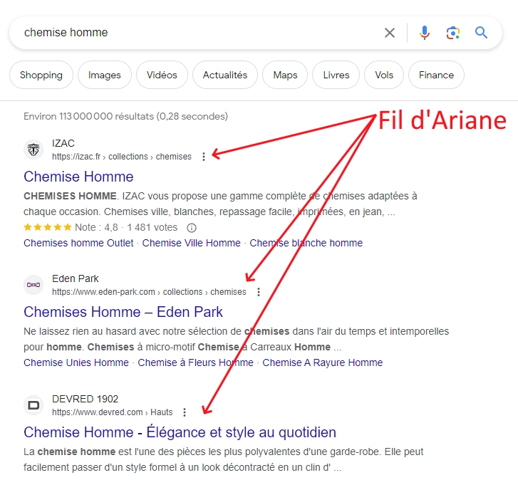 Fil d'Ariane recherche Google